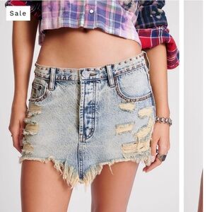 One Teaspoon Free People Junkyard Frayed Hem Low Rise Dust Denim Mini Skirt 25